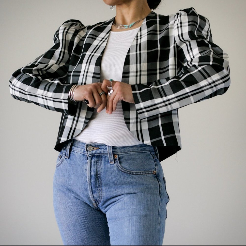 80's Black and White Plaid Bolero Jacket